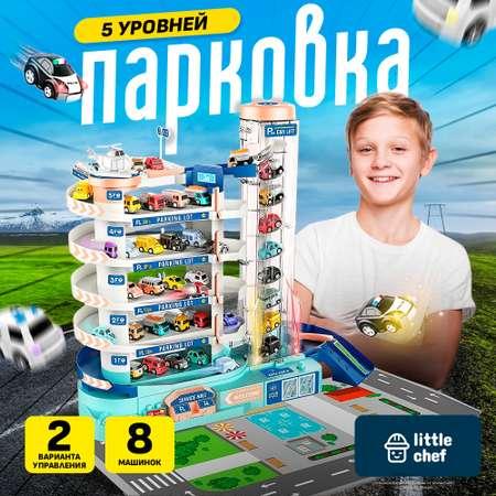 Парковка автотрек SHARKTOYS для машинок 5 уровня с электролифтом коврик-карта 8 машинок свет звук