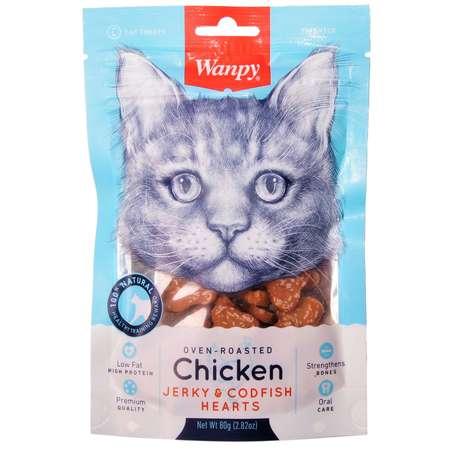 Лакомство для кошек Wanpy Cat 80 г сердечки из курицы с треской