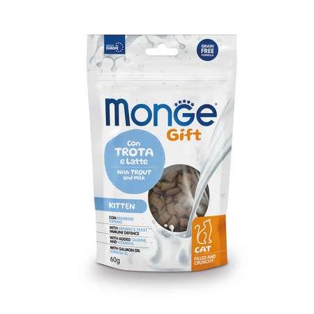 Лакомство для котят Monge 60г Gift Kitten Хрустящие подушечки с начинкой с форелью и молоком