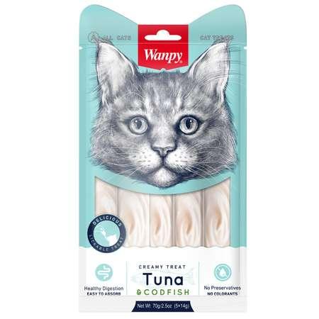 Лакомство для кошек Wanpy Cat 70 г из тунца и трески нежное пюре пауч