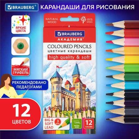 Карандаши цветные Brauberg для рисования набор 12 цветов деревянные мягкие