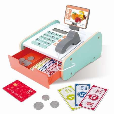 Игрушка детская деревянная HAPE Касса с бумажными деньгами монетами пластиковой картой и сканером товаров E3200_HP