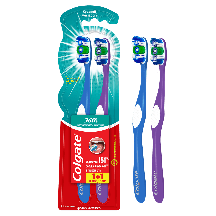 Зубная щетка COLGATE 360 Суперчистота всей полости рта, антибактериальная, средней жесткости, 1+1, 2шт
