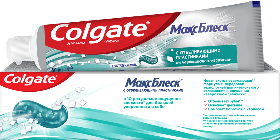 Зубная паста COLGATE Макс Блеск Кристальная мята с отбеливающими пластинками для свежего дыхания и отбеливания зубов, 50мл