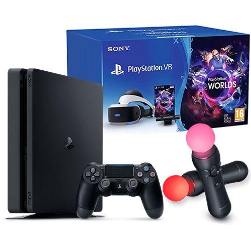 Игровая приставка Sony PlayStation 4 Slim 1 Tb +  шлем PlayStation VR v.2 + Camera v.2 + PS Move + VRWorlds