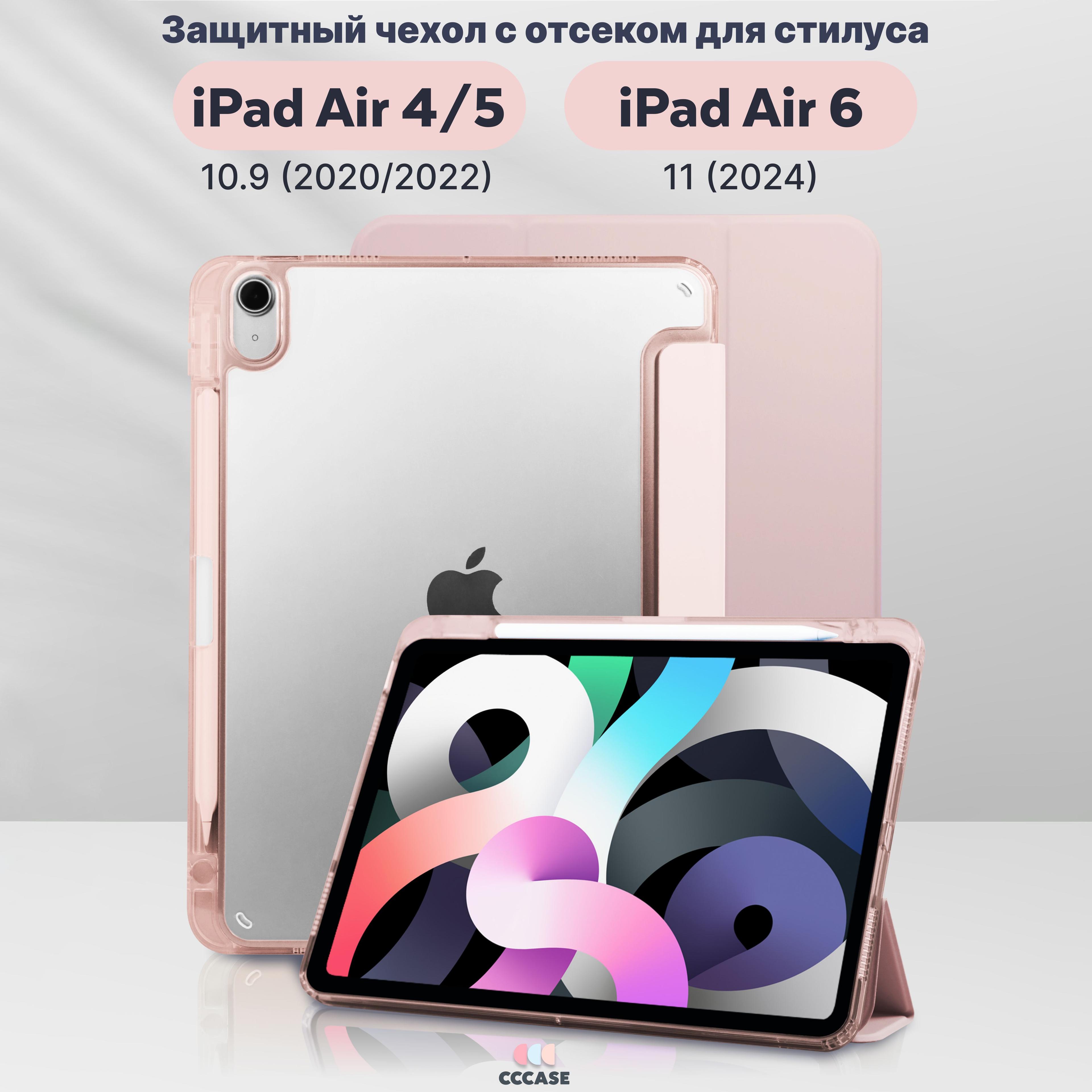 CCCASE / Чехол на iPad Air 5 10.9 (2022); iPad Air 4 10.9 (2020) - A2316 A2324 A2325 A2072 A2588 A2589 A2591, с отделением для стилуса и прозрачной стенкой, цвет: пастельно-розовый