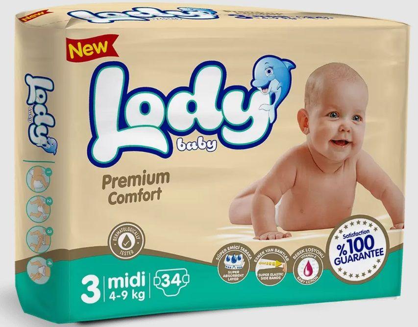 Детские подгузники Lody Baby, Premium comfort, 3 MIDI, 34 шт в упаковке (4-9 кг), Турция