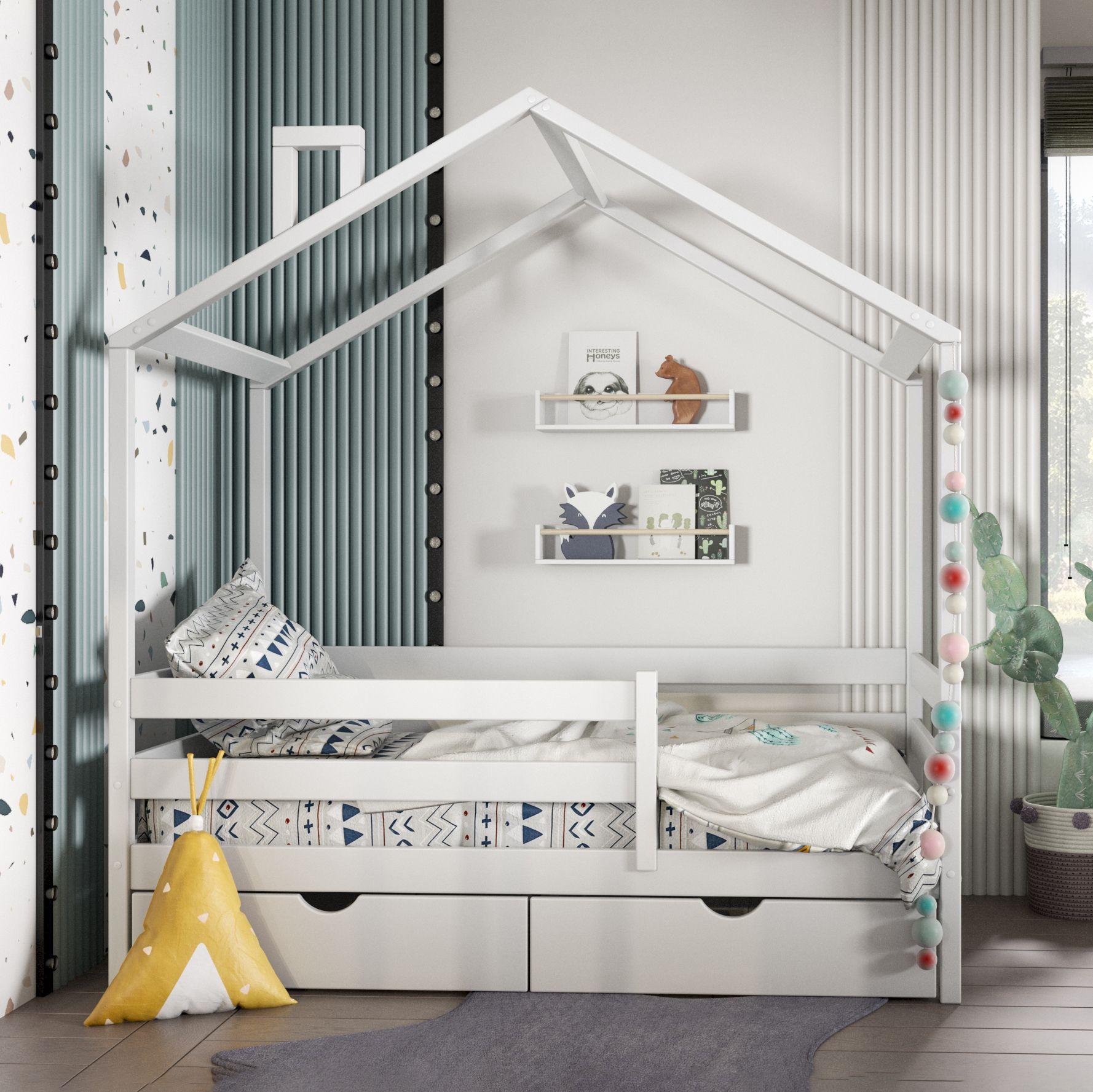 Детская кровать домик Futuras 160x80 см, из массива березы, с бортиком, белая
