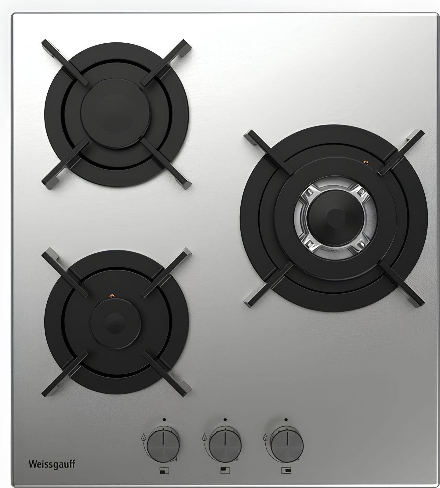 Weissgauff Газовая варочная панель шириной 45 см, HGG 431 XRV (Модель 2024 года) с WOK-конфоркой, Газ-контроль, Нержавеющая сталь, Решетки из высококачественного чугуна, Автоматический электроподжиг, Рукоятки Hi-Tech, 3 года гарантия, серый металлик