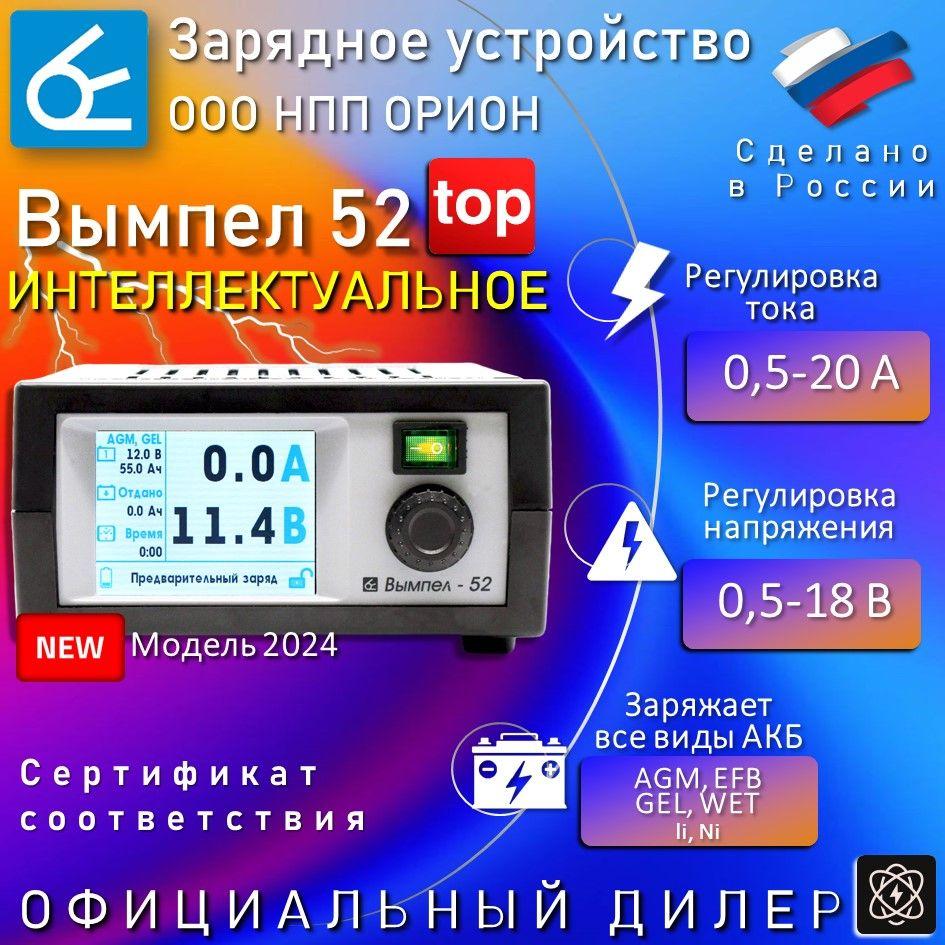 Зарядное устройство для аккумуляторов автомобиля Вымпел 52, напряжение 0,5-18В; ток 0,5-20А, универсальное ИНТЕЛЛЕКТУАЛЬНОЕ