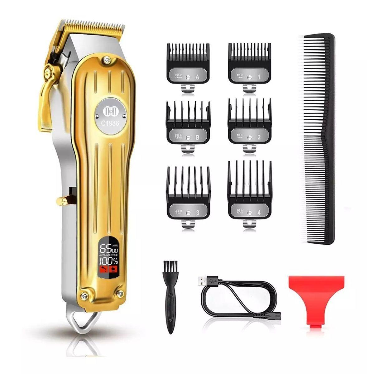 Машинка для стрижки волос CIICII Триммер для cтрижки волос и бороды Перезаряжаемый USB, ЖК-дисплей, 6 направляющих расчесокзолотая