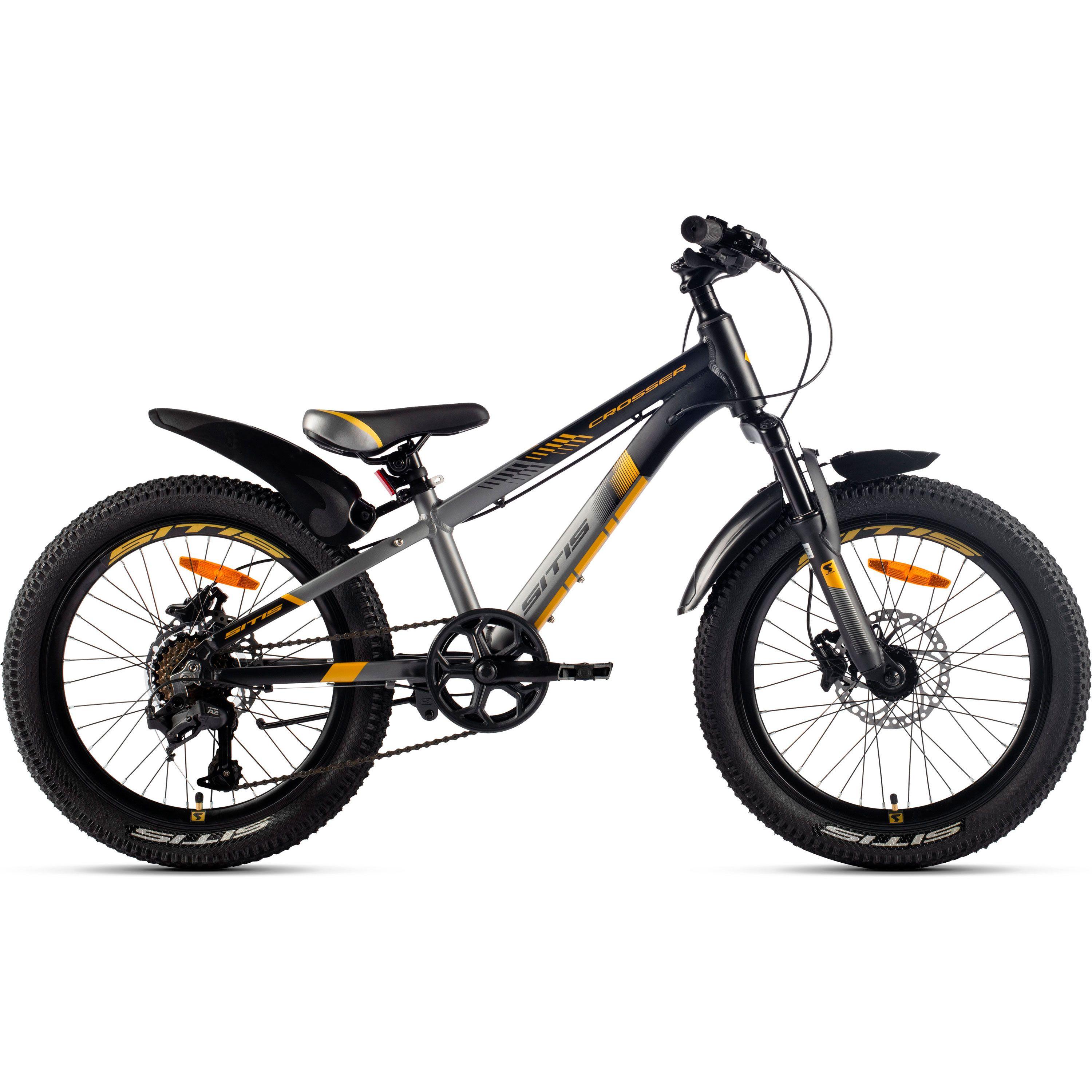 Велосипед детский SITIS CROSSER HD 20 (2024) Black-Grey-Bronze для детей от 6 до 8 лет, алюминиевая рама с крыльями, подножкой, 7 скоростей, дисковые гидравлические тормоза, на рост 120-135 см