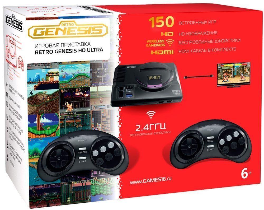 Игровая приставка 16 bit Sega Retro Genesis HD Ultra 150 в 1 + 150 встроенных игр + 2 беспроводных геймпада + HDMI кабель Черная