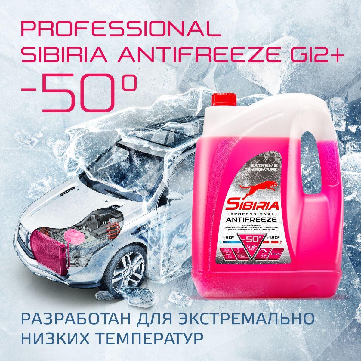 Антифриз для двигателя автомобиля SIBIRIA ANTIFREEZE G12+ (-50), охлаждающая жидкость Сибирия в авто, от -50С до +120С, карбоксилатный красный G12+ 10 кг, готовый к применению