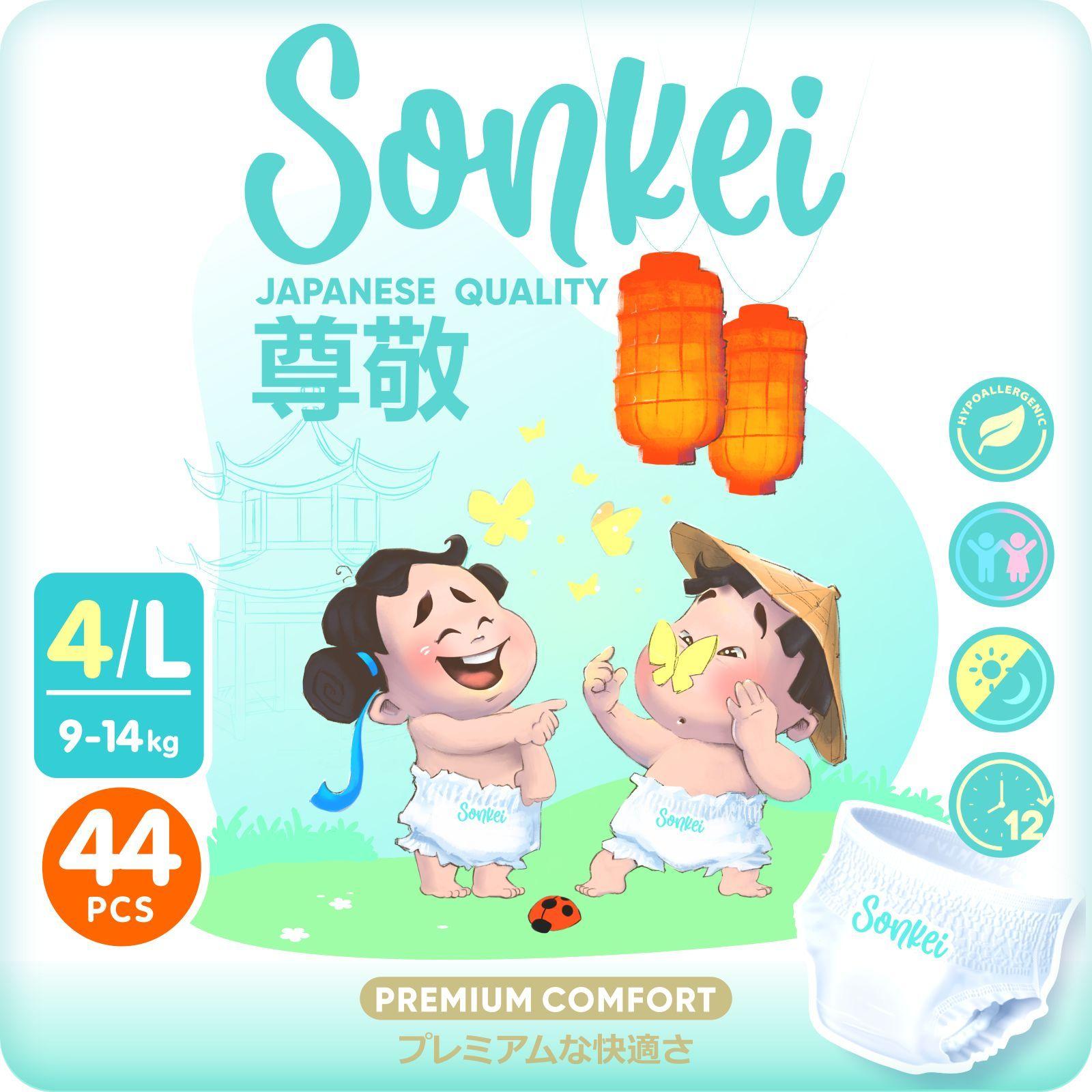 Подгузники трусики Sonkei размер 4 L для детей 9-14 кг 44 штуки ночные Сонкей