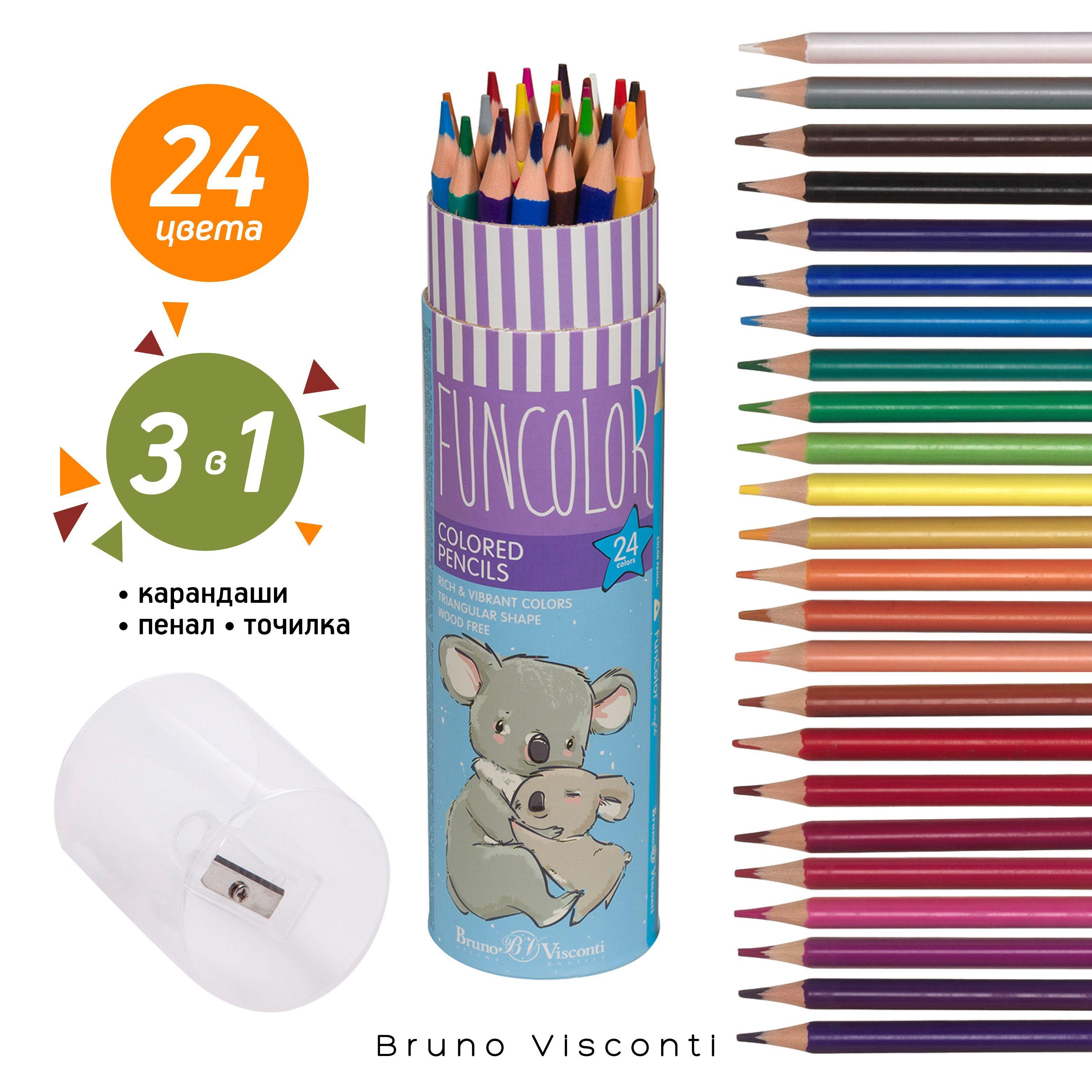 Карандаши цветные мягкие Bruno Visconti "FunColor", пластиковые набор 24 цвета, в тубусе с точилкой, для рисования