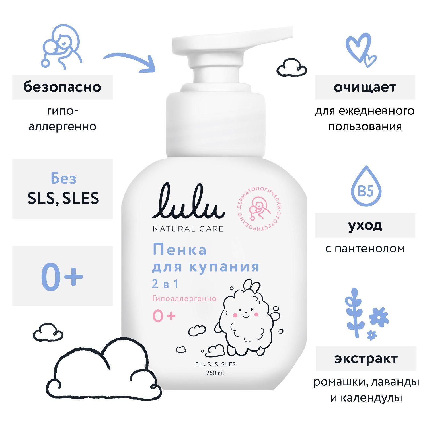 Пенка для купания новорожденных LULU и шампунь детский 0+ (250 мл.) 2в1 Детское средство для купания новорожденных