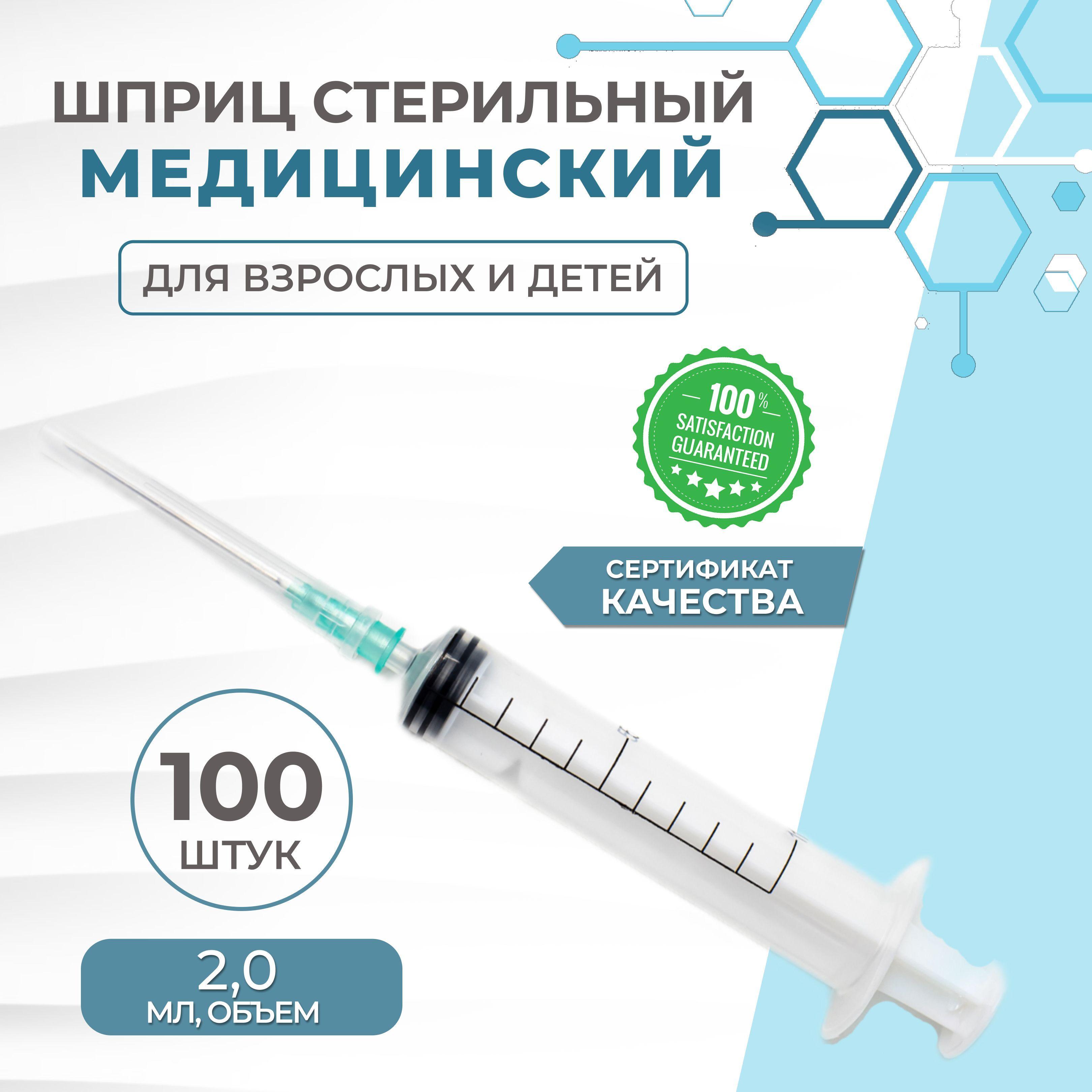 Шприц 3-х компонентный 2,0 мл., 100 штук, с иглой 23G