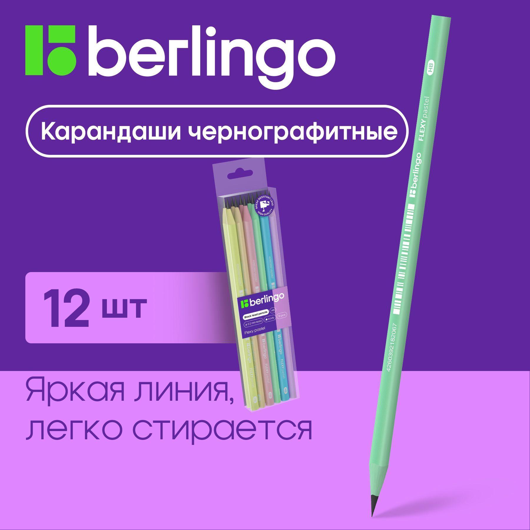 Карандаши простые чернографитные Berlingo Flexy Pastel ТМ/HB для рисования графики, скетчинга и черчения, трехгранные, пластиковые, набор 12 шт