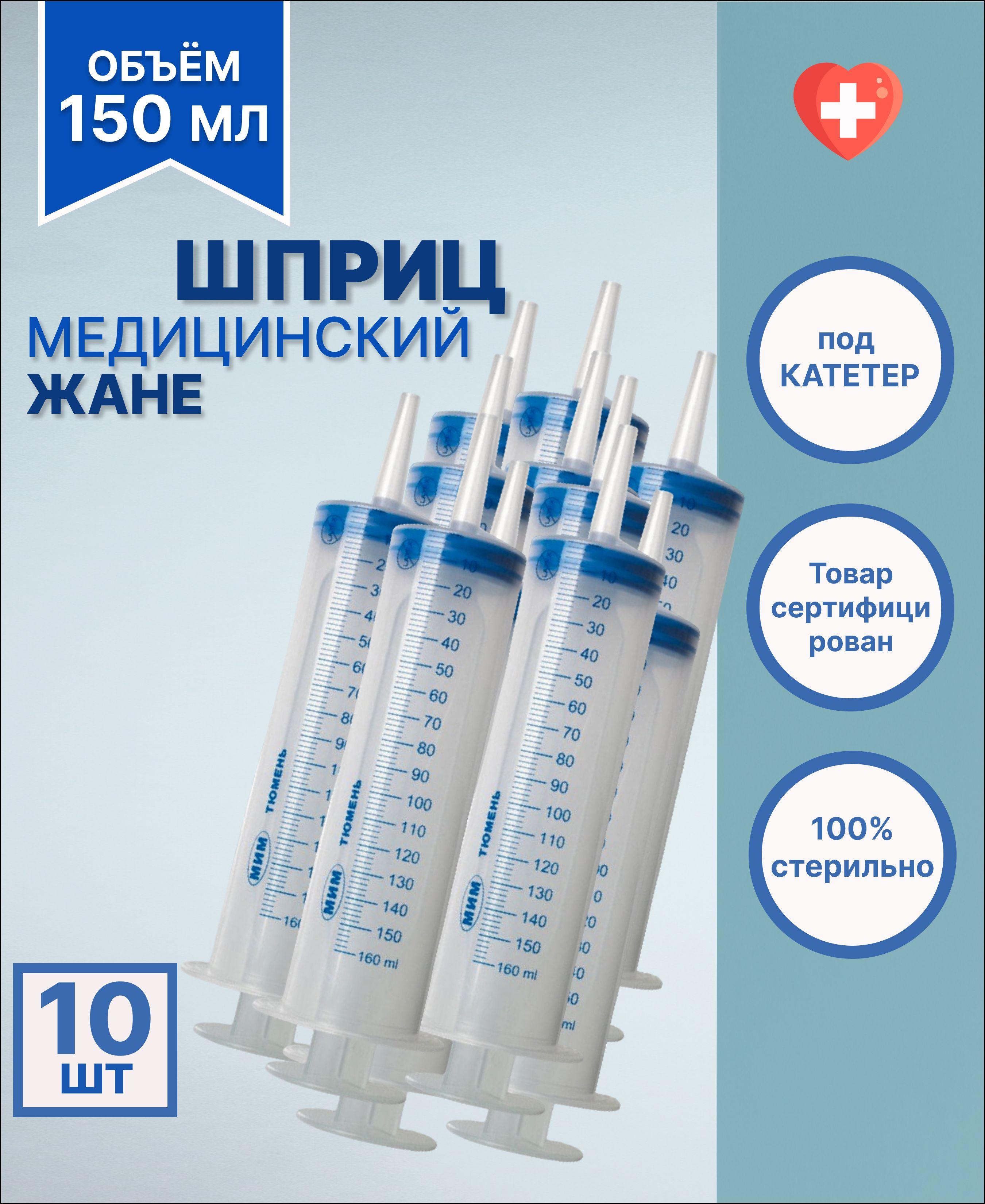 Большой шприц медицинский ЖАНЕ 150 мл с наконечником под КАТЕТЕР / для смазки, 10 шт.