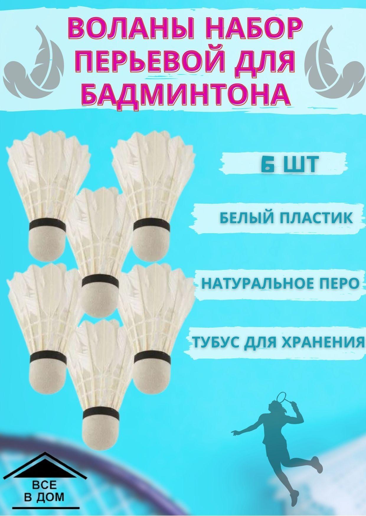 Набор спортивный перьевой ВОЛАНЧИКОВ для бадминтона в тубусе 6 шт ПВХ + ПЕРО АРТ 323102