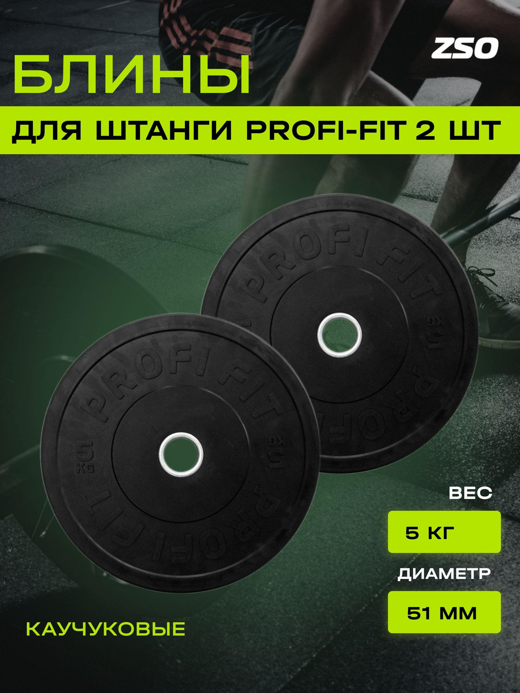 Диски для штанги каучуковые PROFI-FIT, черные, диаметр 51 мм, (5 кг), 2 шт.