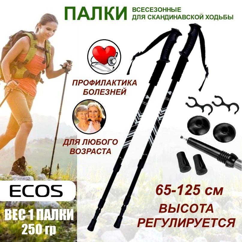 Ecos | Палки для скандинавской ходьбы всесезонные ECOS Nordic Walking sticks алюминиевые, телескопические с ремешком, 3 секции, черные (светло-голубые полосы)