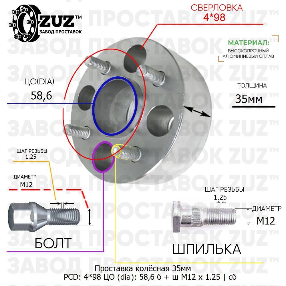 ЗАВОД ПРОСТАВОК ZUZ | Проставка колёсная 35мм 4*98 ЦО 58,6 Крепёж в комплекте Болт + Шпилька М12*1,25 ступичная с бортиком для дисков на ступицу 4x98 4х98