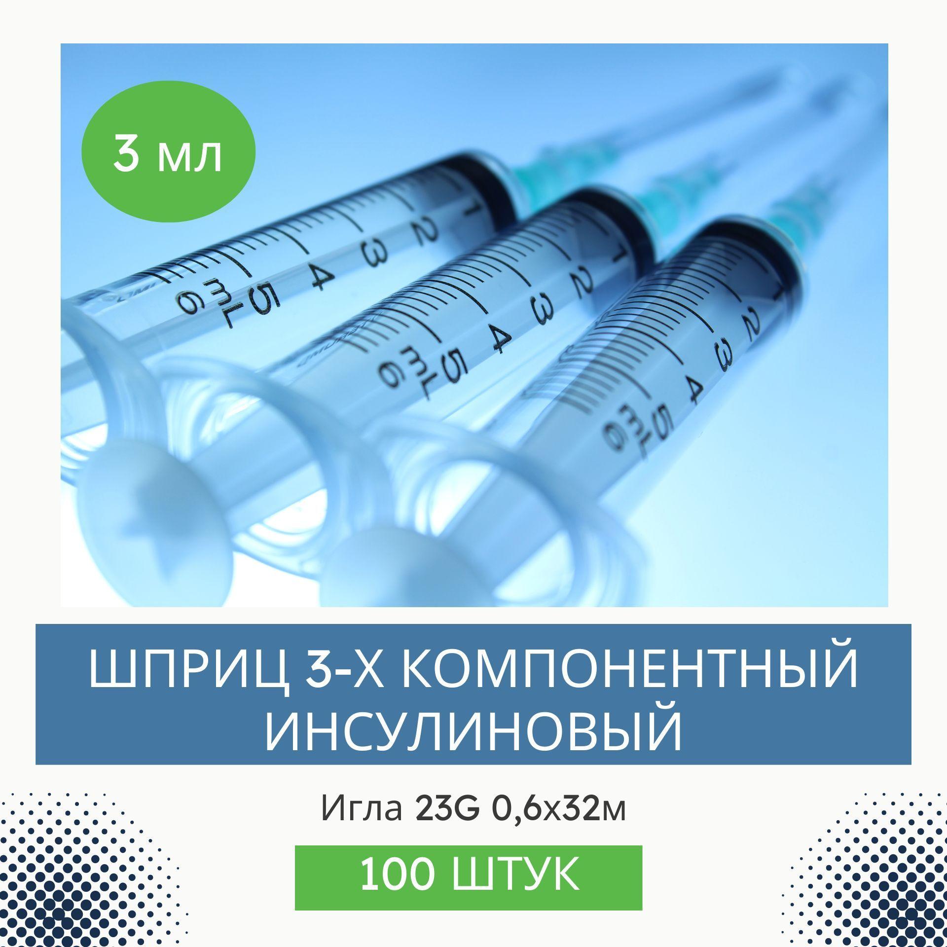 Шприц одноразовый 3 мл 3-х компонентный VitaVet PRO с иглой 23G. 0,6х32 мм, 100 шт.