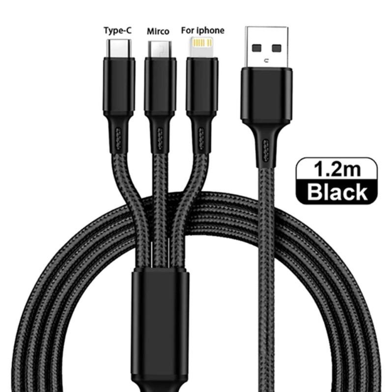 ZBS | Зарядный кабель 3 в 1 универсальный для телефона с разъемами Lightning, Micro-USB, Type-С, черный