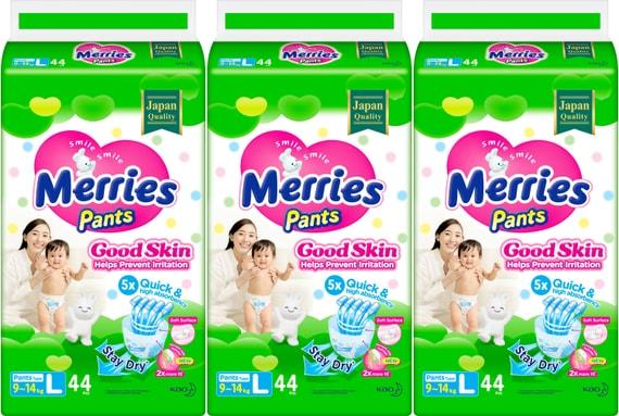 Подгузники-трусики Merries Good skin L 9-14кг 44шт