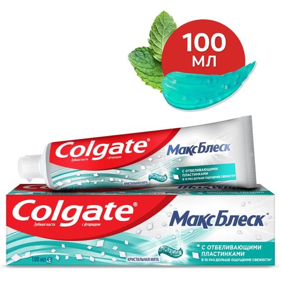 Colgate | Зубная паста Colgate Макс Блеск Кристальная мята с отбеливающими пластинками для свежего дыхания и отбеливания зубов 100мл