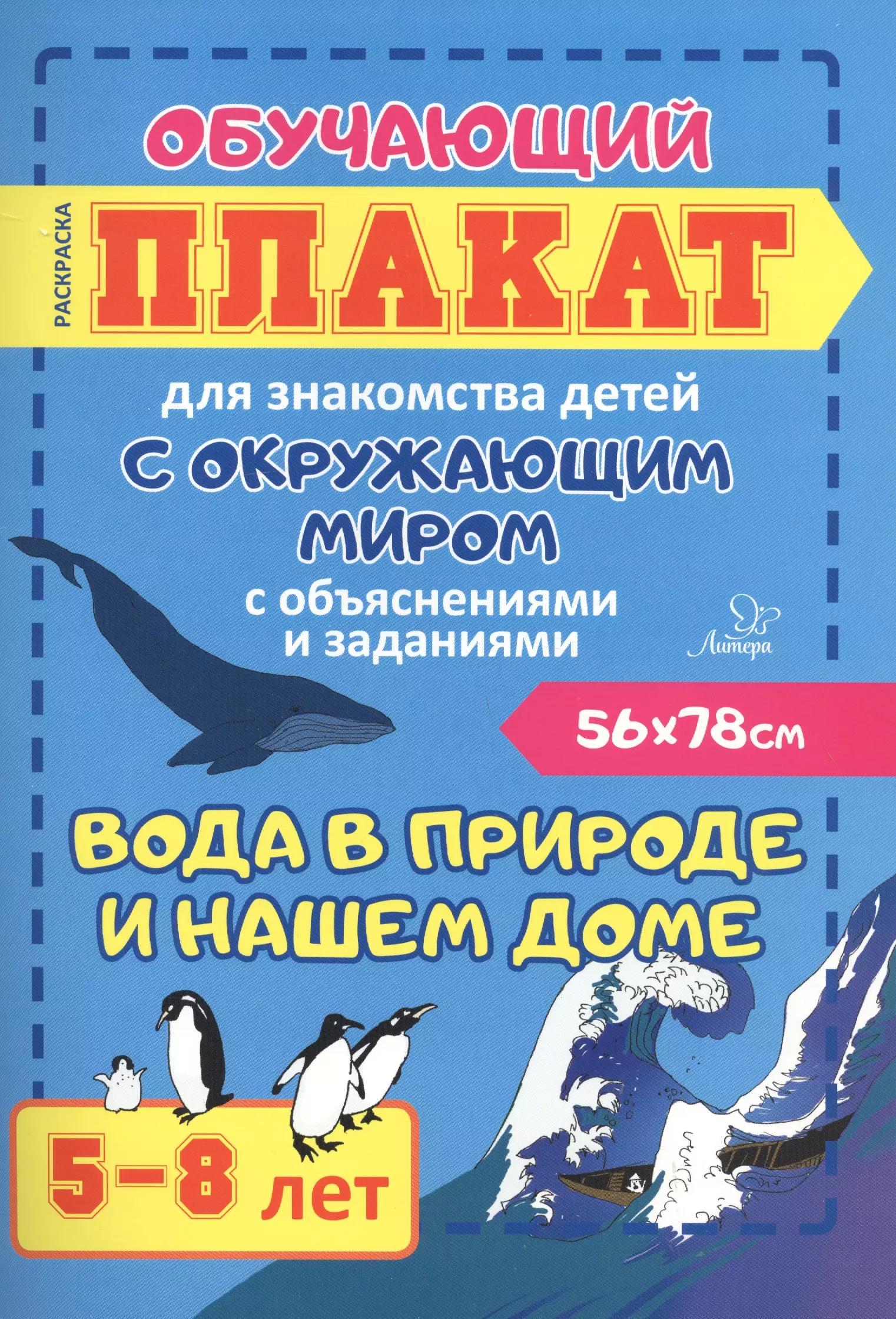 Вода в природе и нашем доме. Обучающий плакат для знакомства детей с окружающим миром с объяснениями и заданиями. 5-8 лет