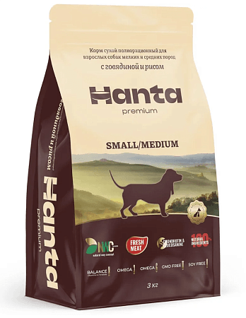 Hanta Premium сухой корм для взрослых собак мелких и средних пород с говядиной и рисом