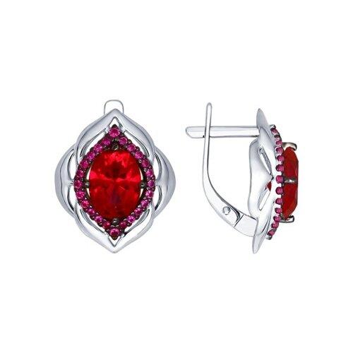 Серьги из серебра с корундами рубиновыми (синт.) и красными фианитами