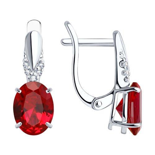 Серьги из серебра с корундами рубиновыми (синт.) и фианитами