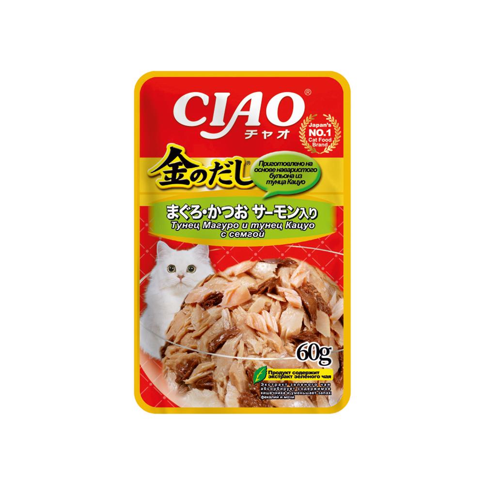 INABA CIAO Влажный корм (пауч) для кошек, тунец магуро и тунец кацуо с семгой, 60 гр.