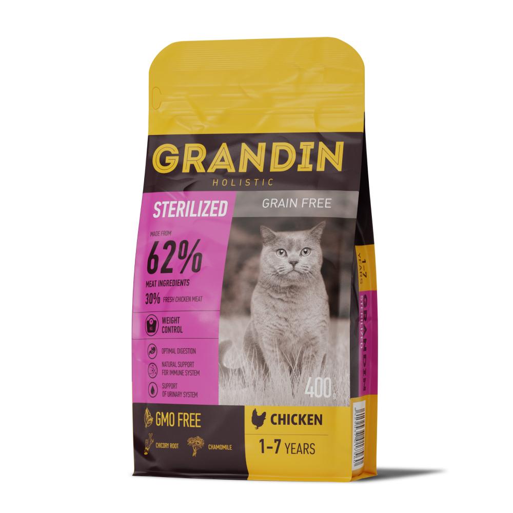 Grandin Корм сухой для кастрированных котов и стерилизованных кошек в возрасте от 1 года до 7 лет, с курицей, 400 гр.