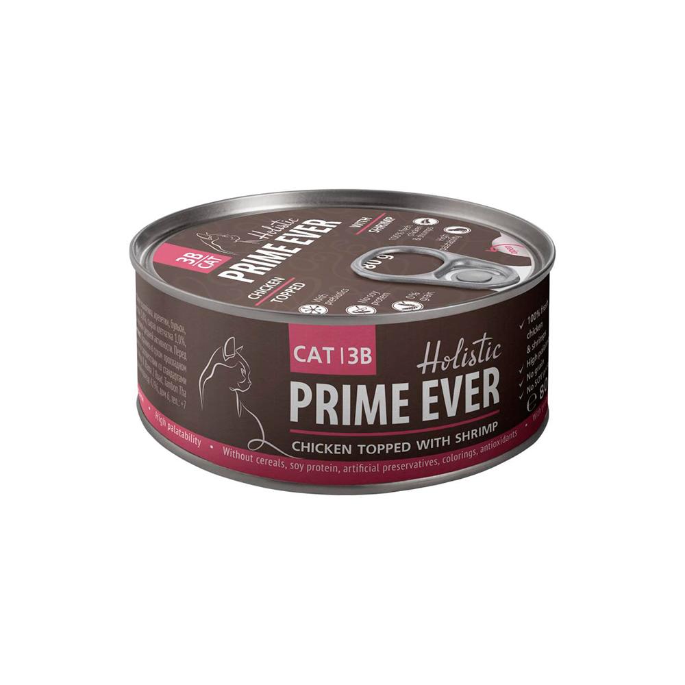 Prime Ever Влажный корм (консервы) для кошек, цыпленок с креветками в желе, 80 гр.