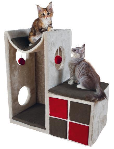 Trixie Игровой комплекс для кошек Nevio с домиком, игрушками и лежаками, светло-серый/красный, 41х37х71 см