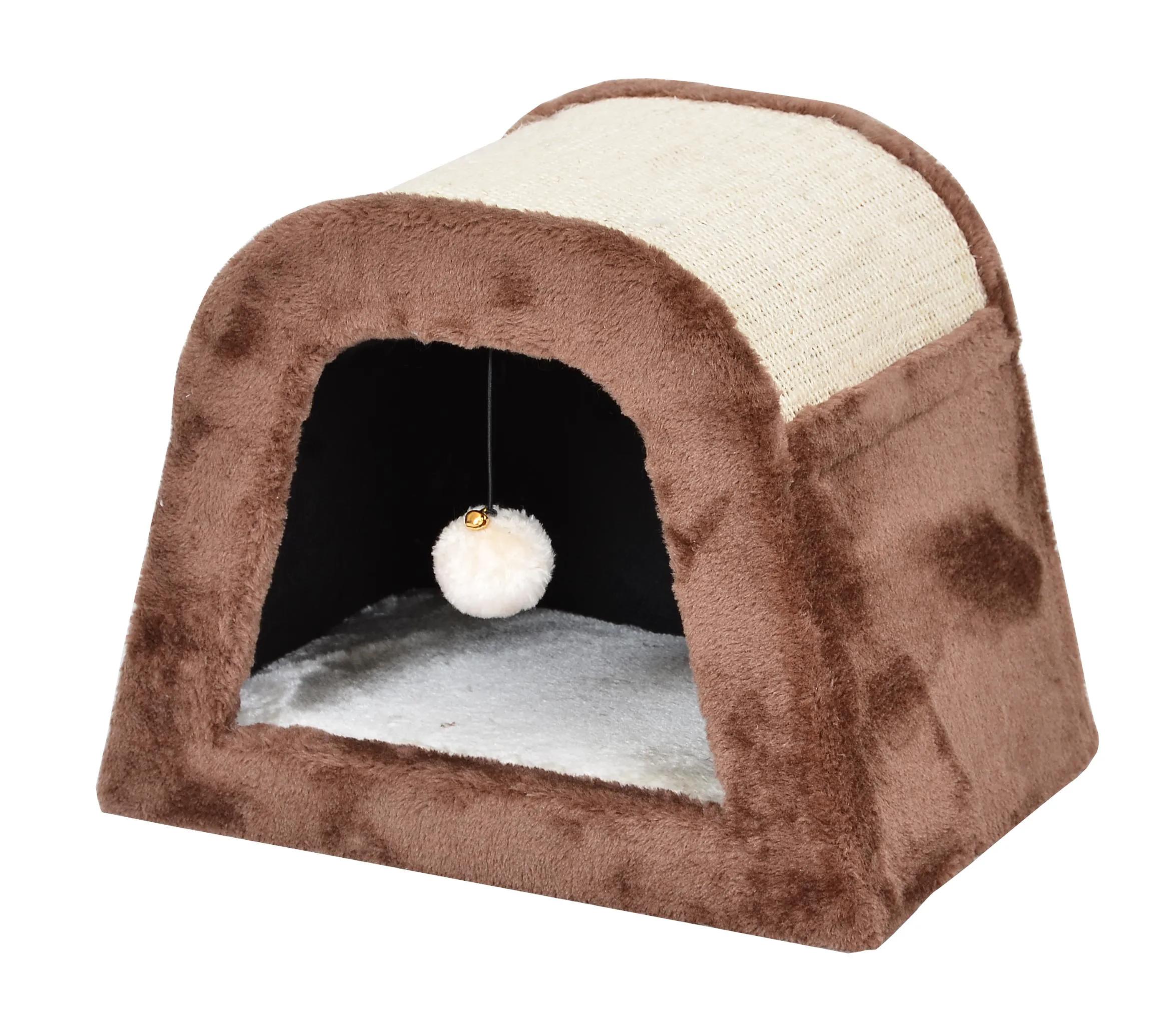 Petmax Дом-когтеточка (38х28х30 см) для кошек с игрушкой, коричневая