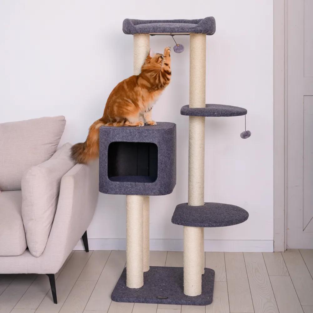 Petmax Дом-когтеточка (50х50х139 см) с удобной лежанкой для кошек, серая