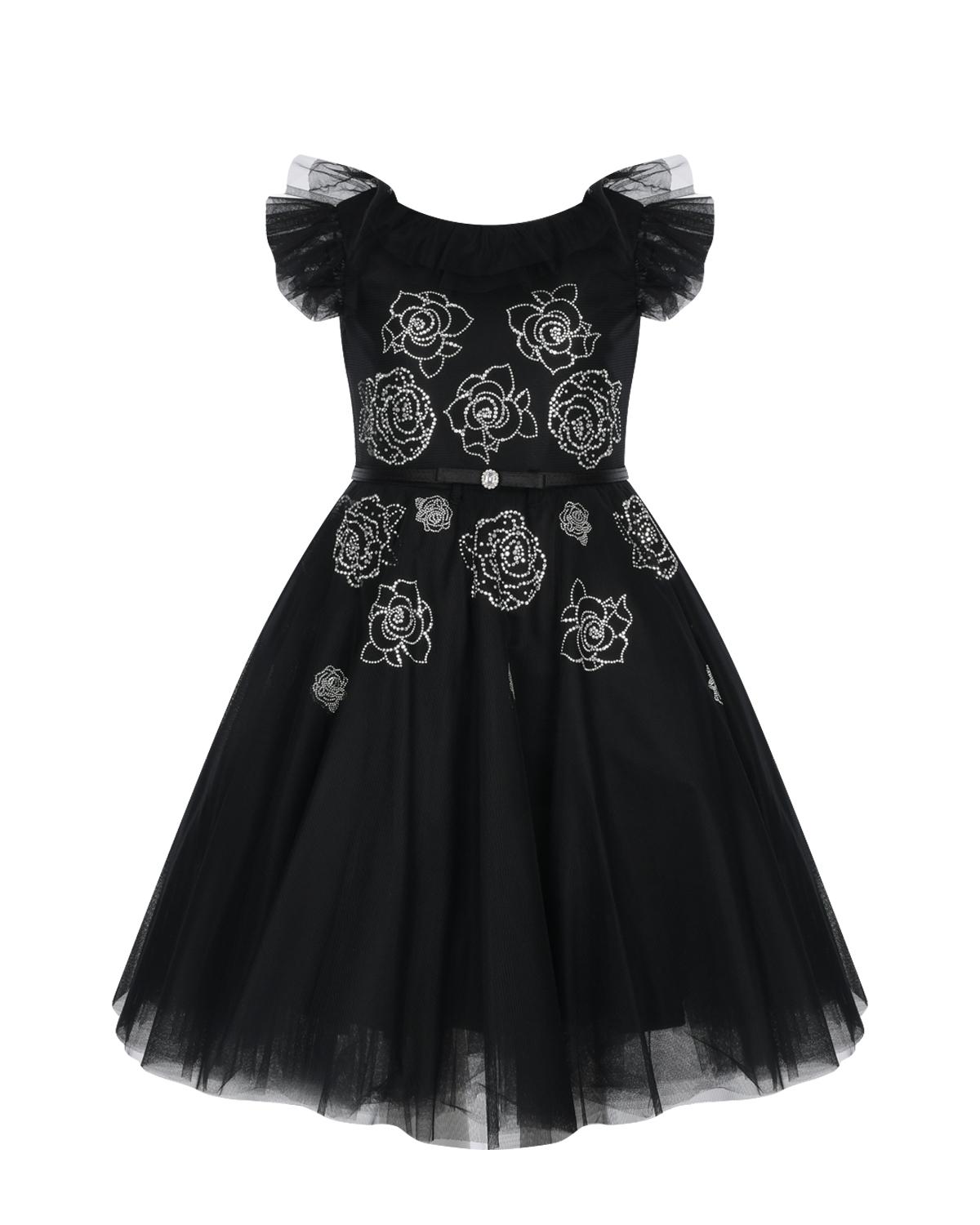 Черное платье с розами из стразов Monnalisa