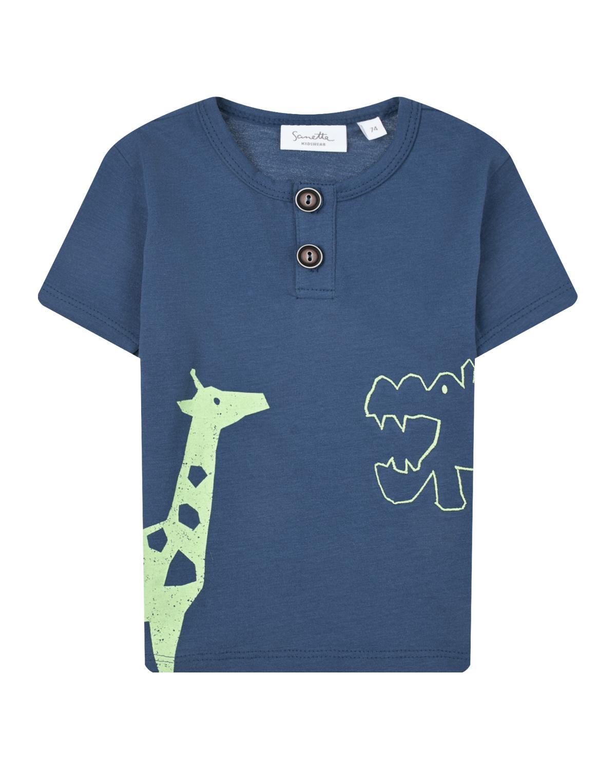Темно-синяя футболка с принтом "жираф и бегемот" Sanetta Kidswear
