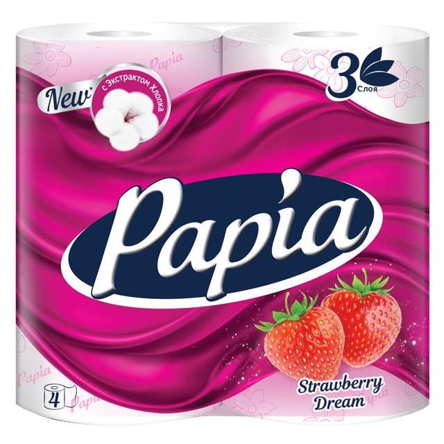 бумага туалетная PAPIA Strawberry Dream 4шт в уп. 3-слойные 140 листов аромат клубники