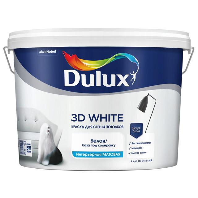 краска в/д DULUX 3D White база BW для стен и потолков 9л белая, арт.5701638