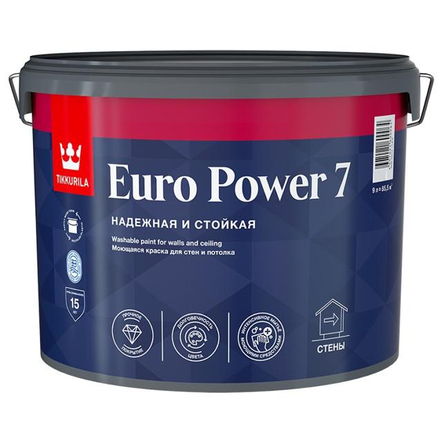 краска акриловая TIKKURILA Euro Power 7 для стен и потолков база С 9л бесцветная, арт.700001124